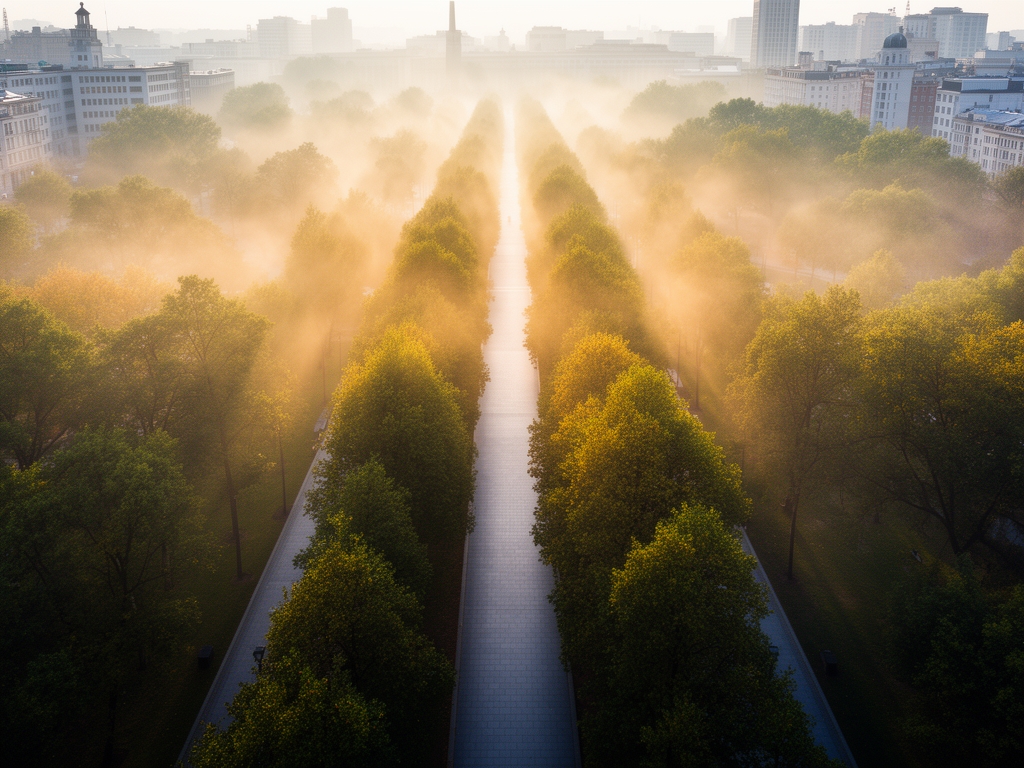 Wide aerial view of a quiet urban park at early morning, with long tree-lined walkways, soft mist rising from the ground and golden light breaking through the canopy, evoking institutional calm and measured reflection