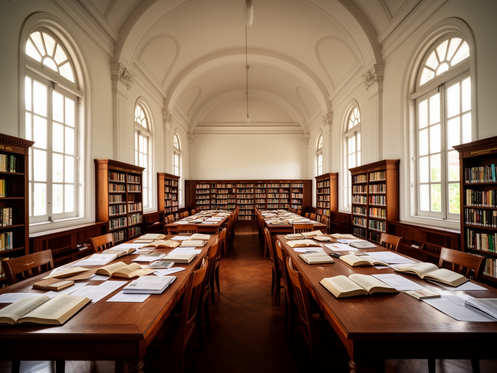 Expansive reading room in a classical Indonesian colonial-era building with high vaulted ceilings, long wooden tables with open books and papers, soft light from tall arched windows creating a contemplative scholarly atmosphere