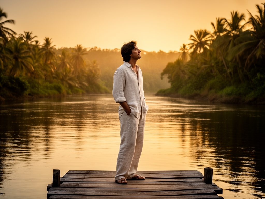 Young Indonesian man in a light linen shirt standing at the edge of a wooden pier on a calm river at golden hour, hands in pockets, gazing reflectively toward the horizon, surrounded by lush tropical greenery and warm diffused light