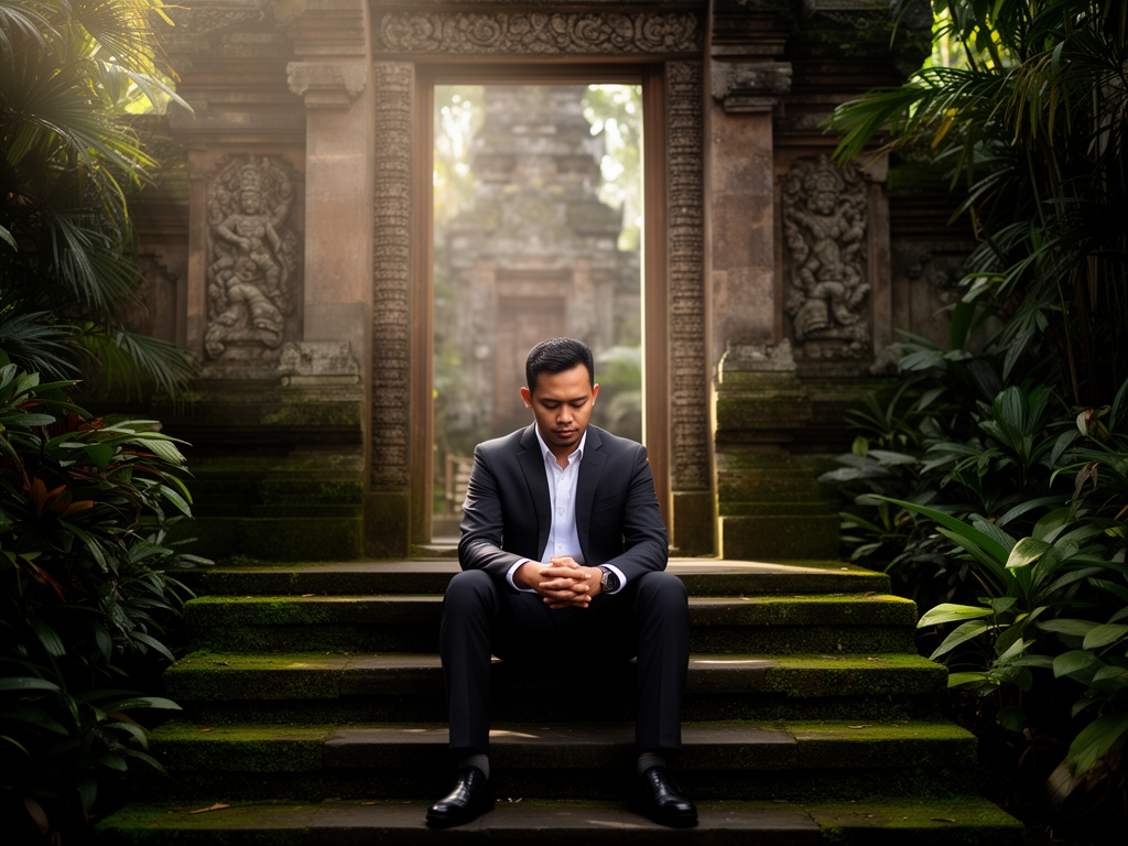 Indonesian man in his thirties sitting alone on mossy stone steps at the entrance of an ancient Javanese temple complex, head slightly bowed in quiet thought, surrounded by dense tropical foliage and filtered morning light casting soft shadows across carved stone surfaces