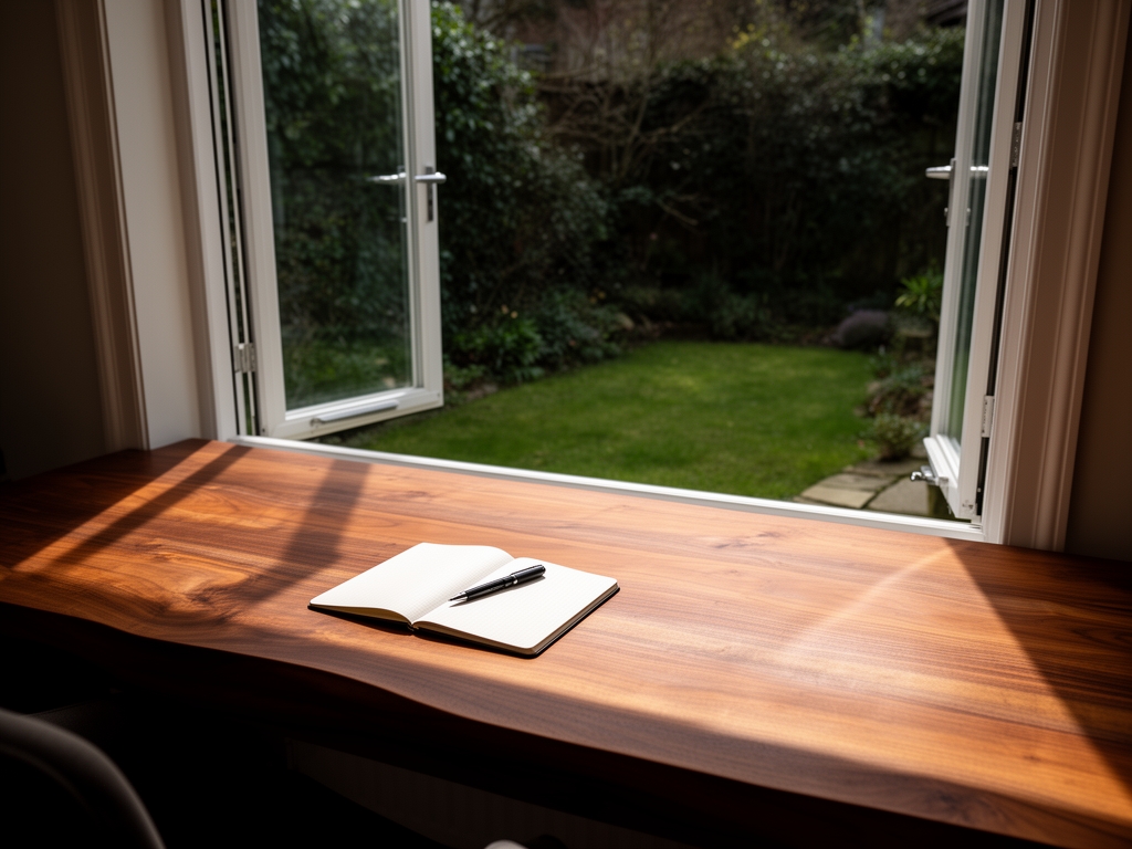 Minimalist Indonesian home workspace with a teak wood desk positioned near a large open window overlooking a quiet garden, a single notebook and pen resting on the surface, soft natural light casting long shadows across the grain of the wood, atmosphere of focused stillness and intentional simplicity