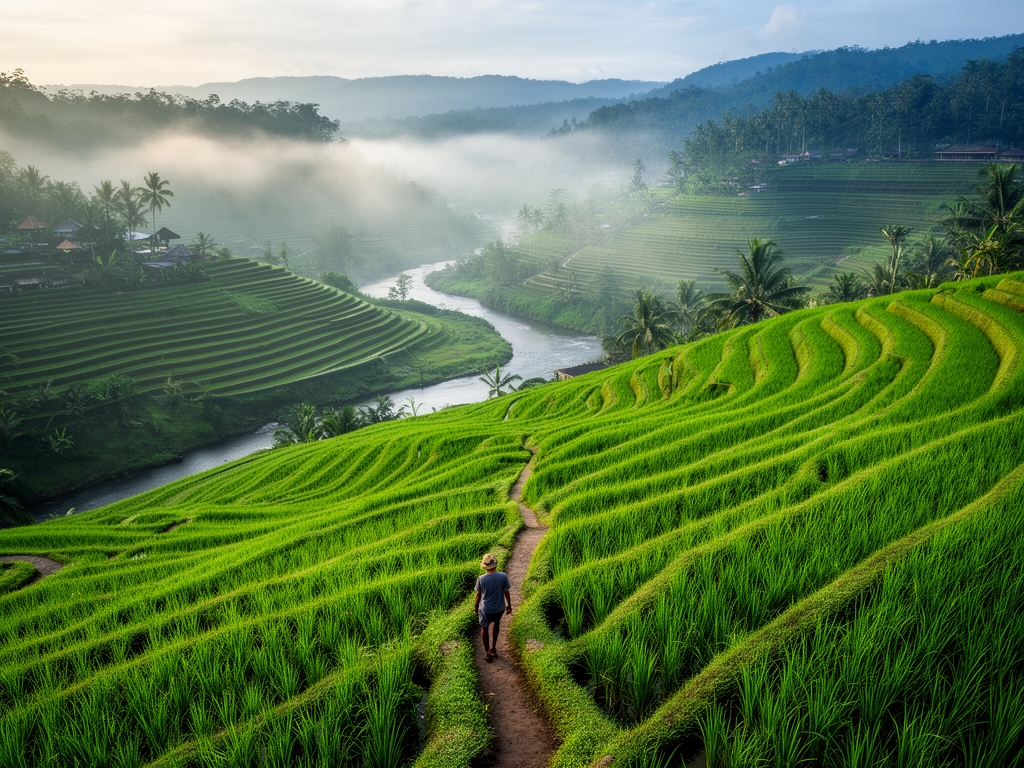 Wide elevated view of Bali rice terraces at early morning with layered emerald green stepped fields descending toward a river valley, mist rising from the lower levels, a lone figure walking along a narrow earthen path between paddies, conveying natural harmony and the balance of human activity within landscape