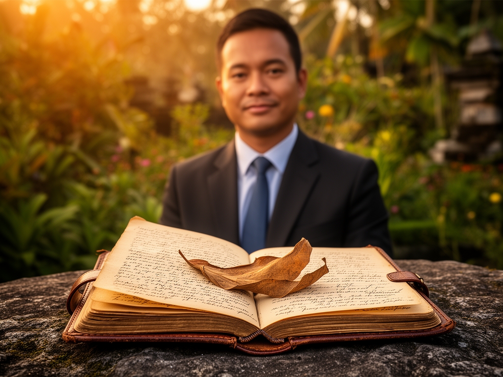 A worn leather-bound journal open on a rough stone surface in an outdoor garden setting in Java, handwriting visible on yellowed pages, a dried leaf resting between the pages, late afternoon sunlight casting warm amber tones across the scene, evoking quiet reflection and the passage of time