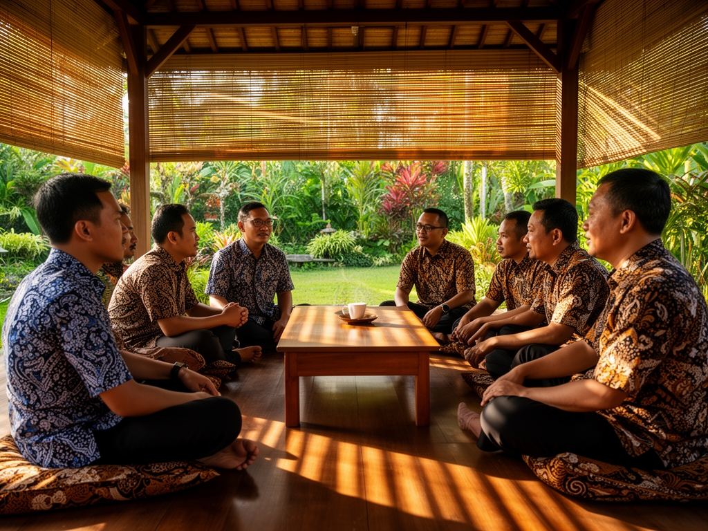 Small group of Indonesian men seated around a low wooden table in an open-walled traditional pavilion surrounded by a lush garden, engaged in relaxed conversation, batik fabric visible on cushions, afternoon light filtering through bamboo screens casting diagonal patterns of shadow and warmth across the gathering, conveying community and unhurried mutual engagement