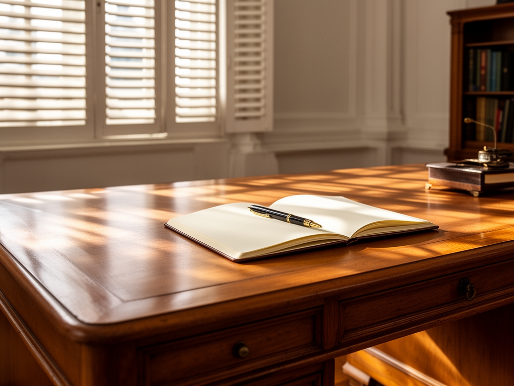 Writing desk in a bright Jakarta-style colonial office interior with wooden furniture, a pen resting on open notebook, afternoon light streaming through louvred shutters casting geometric shadows, suggesting thoughtful correspondence and measured communication