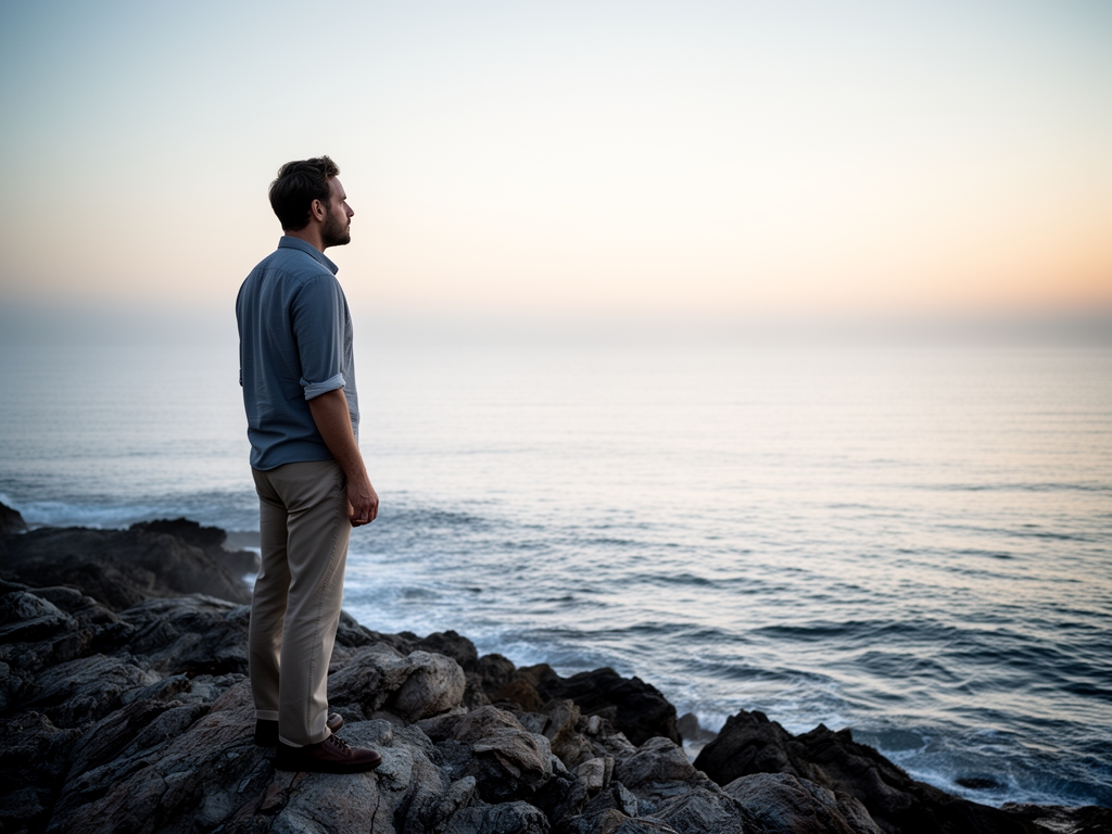 Man standing on a rocky coastline at dawn, looking out over calm ocean water with soft morning light diffusing across the horizon, conveying quiet reflection and inner stillness