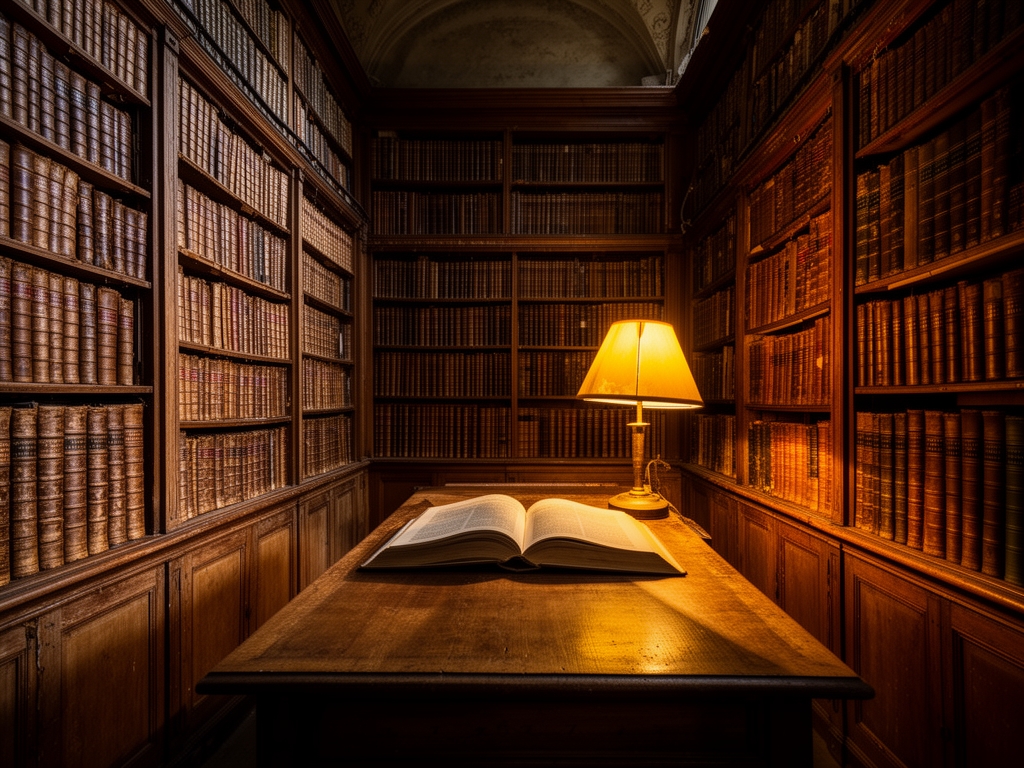 Aged library interior with rows of tall wooden bookshelves filled with leather-bound volumes, warm amber lamp light casting long shadows across a central reading table with an open book, evoking centuries of accumulated knowledge and intellectual tradition