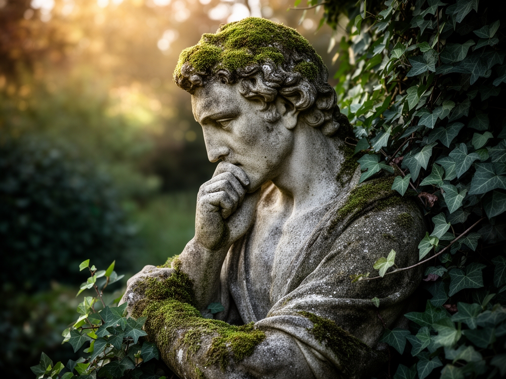 Weathered stone sculpture of a contemplative male figure in an outdoor garden setting, partially covered in moss, surrounded by ivy and soft afternoon light, evoking depth of historical and philosophical reflection