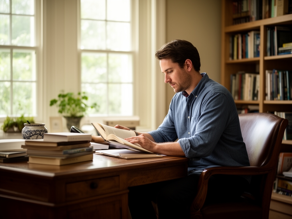 Man sitting quietly at a wooden desk in a well-lit home study, reading a book, surrounded by natural light filtering through large windows, suggesting focused contemplation and self-directed learning