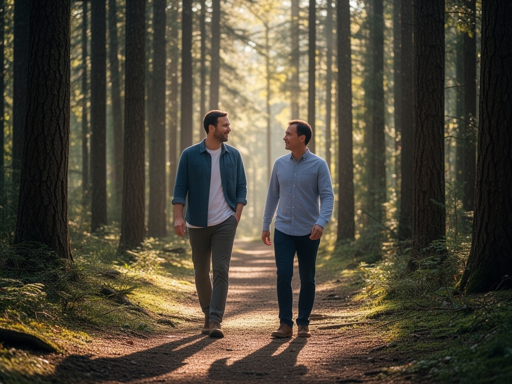 Two men walking on a forest trail in morning light, engaged in calm conversation, surrounded by tall trees and dappled sunlight on a quiet path, symbolizing balance between social connection and natural rhythm
